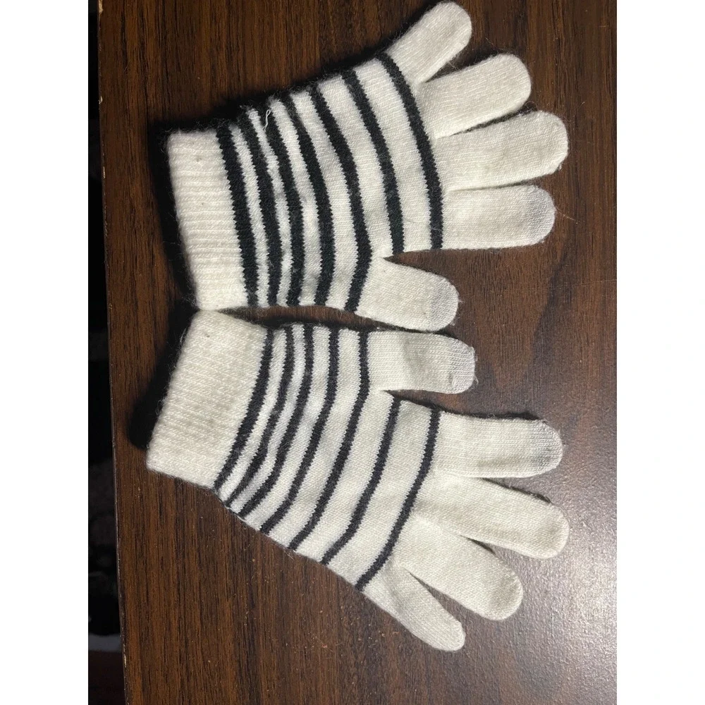 Cream and Black Striped Knit Touchscreen Gloves Winter Tech Accessories